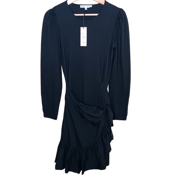 Rebecca Minkoff Josephine Cotton Draped Wrap Waist Ruffled Mini Dress Black 0 2 - Picture 2 of 14